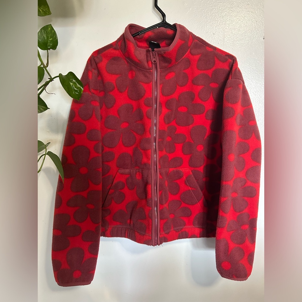 Y2K PacSun Floral Red Fleece Zip Jacket